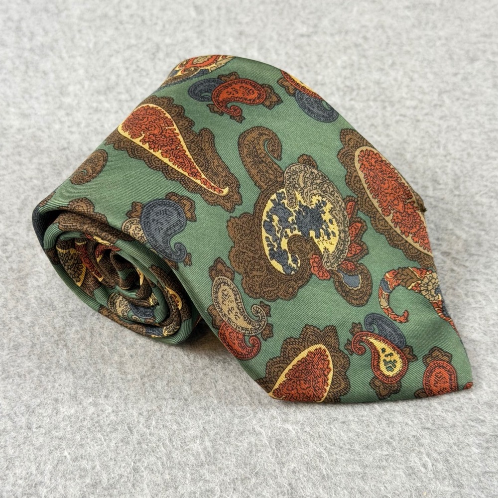 Vintage Tom James Mens Silk Paisley Tie Green Rust Gold Hand Finished USA 60x3.5